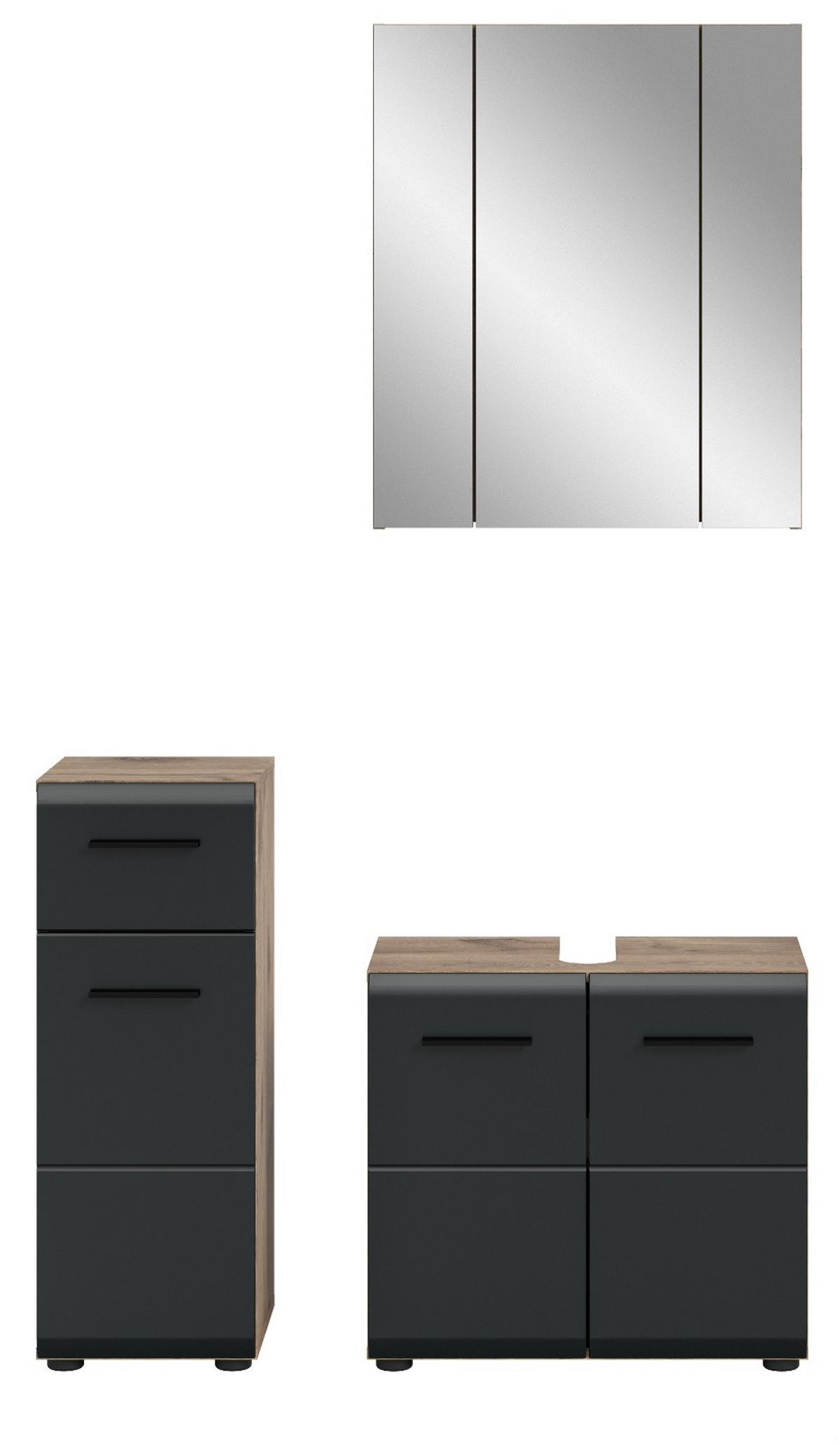 BADMÖBEL-SET 3-teilig in schwarz matt, Eiche Nox, Badkombination mit viel Stauraum, 105 x 185 cm - Eichefarben/Schwarz, Glas/Holzwerkstoff (105/185/30cm) - Inn.Furn