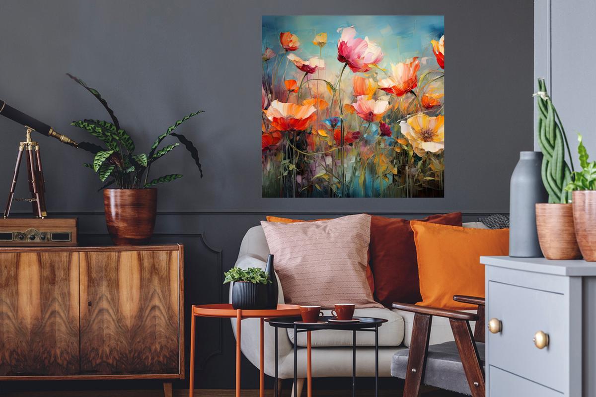 WANDTATTOO Blumen - Aquarell - Kunst - Botanisch - Natur Wanddeko 50x50 cm - Orange, Kunststoff (50/50/0.1cm) - MuchoWow