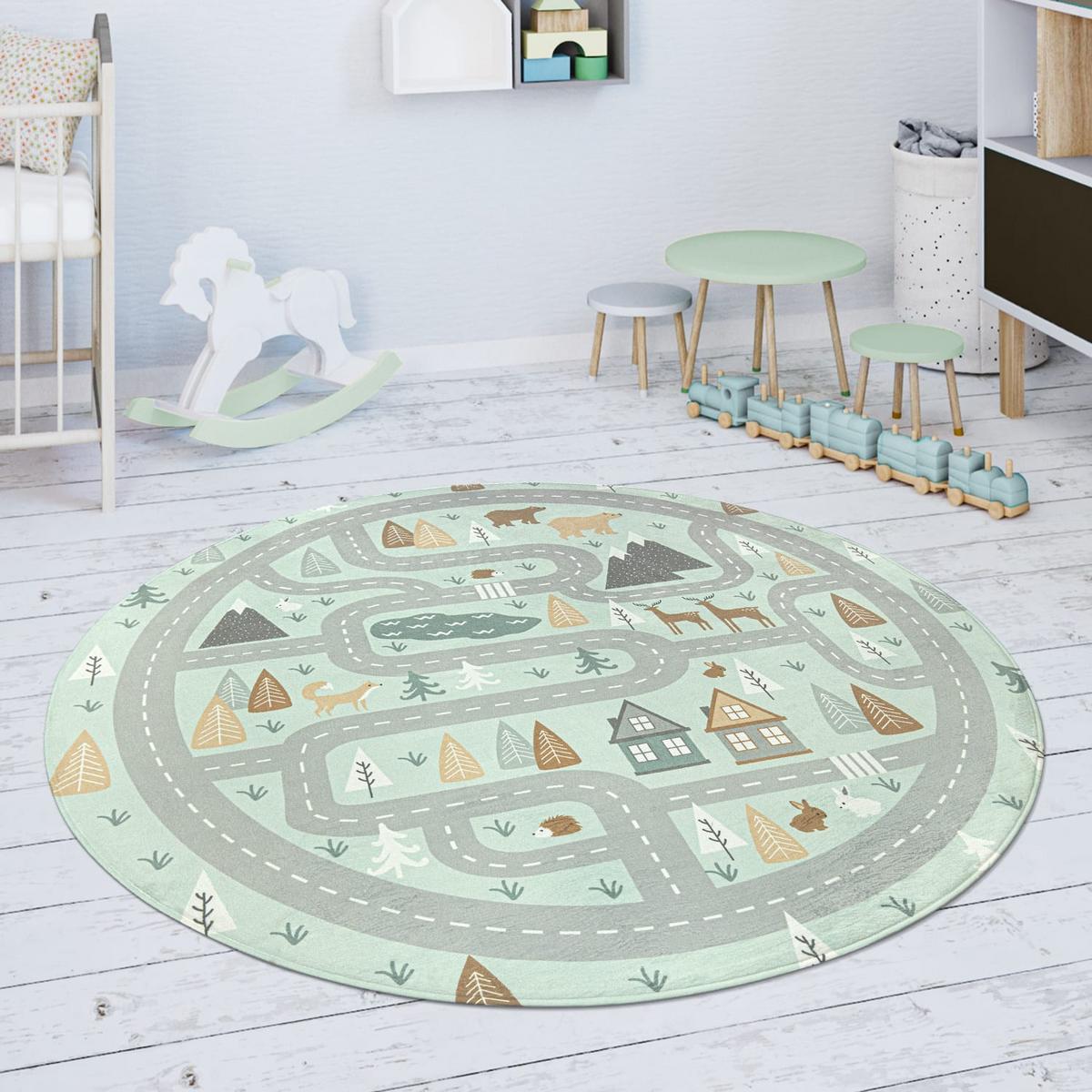 KINDERTEPPICH Waschbar, mit Waldwege‑Muster, Türkis, Ø 150 cm - Blau, Textil (150/150cm) - KADIMA DESIGN