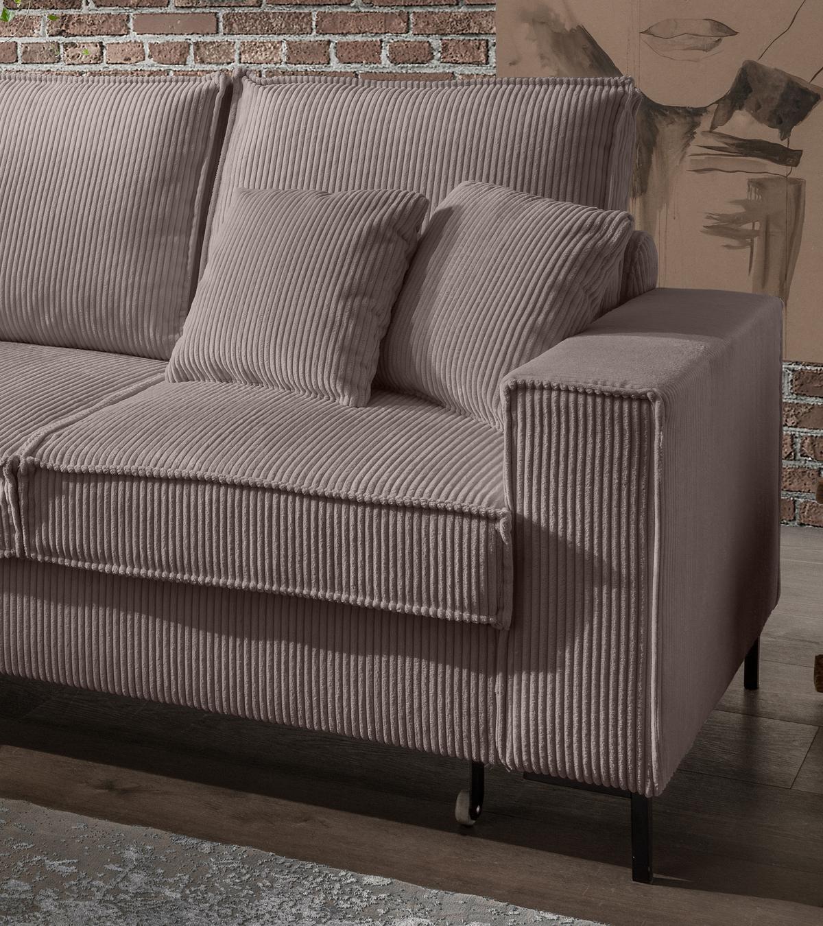ECKSOFA mit Schlaffunktion, Bettkasten, Wellenunterfederung, Récamiere links B240/T150/H92 cm, Liegefl. 125x198 cm, Cord Braun Taupe / 17225 - Schwarz/Braun, Textil/Metall (240/150cm) - luma-home
