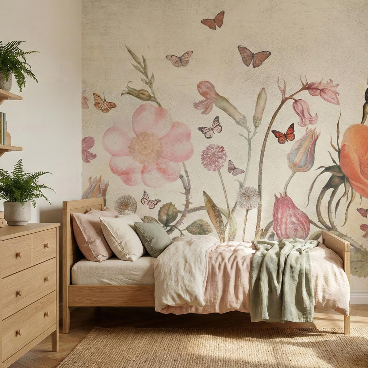 FOTOTAPETE für Kinderzimmer Wiesenblumen Aquarell Schmetterlinge Boho 450x315 - Beige/Rot, Papier (450/315cm) - Muralo