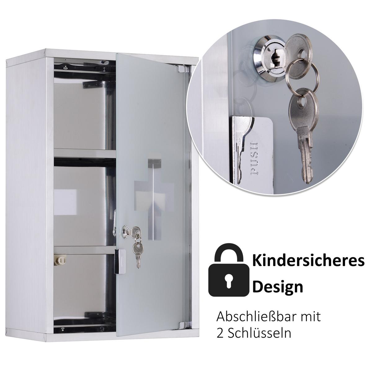 MEDIZINSCHRANK Arzneischrank Erste Hilfe mit Schloss Edelstahl 30 x 18 x 50 cm - Silberfarben, Glas (18/50/30cm) - HOMCOM