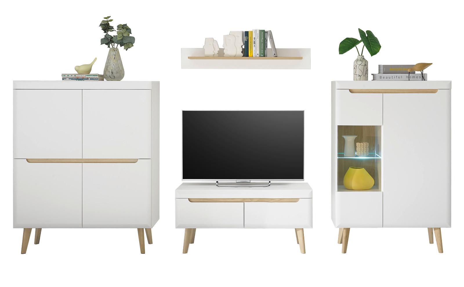 WOHNWAND 4-teilig weiß matt, Eiche, skandinavisch 344 cm, Wohnkombination mit Soft-Close - Eichefarben/Weiß, Glas/Holz (344/170/40cm) - Furn.Design