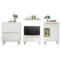 WOHNWAND 4-teilig weiß matt, Eiche, skandinavisch 344 cm, Wohnkombination mit Soft-Close - Eichefarben/Weiß, Glas/Holz (344/170/40cm) - Furn.Design