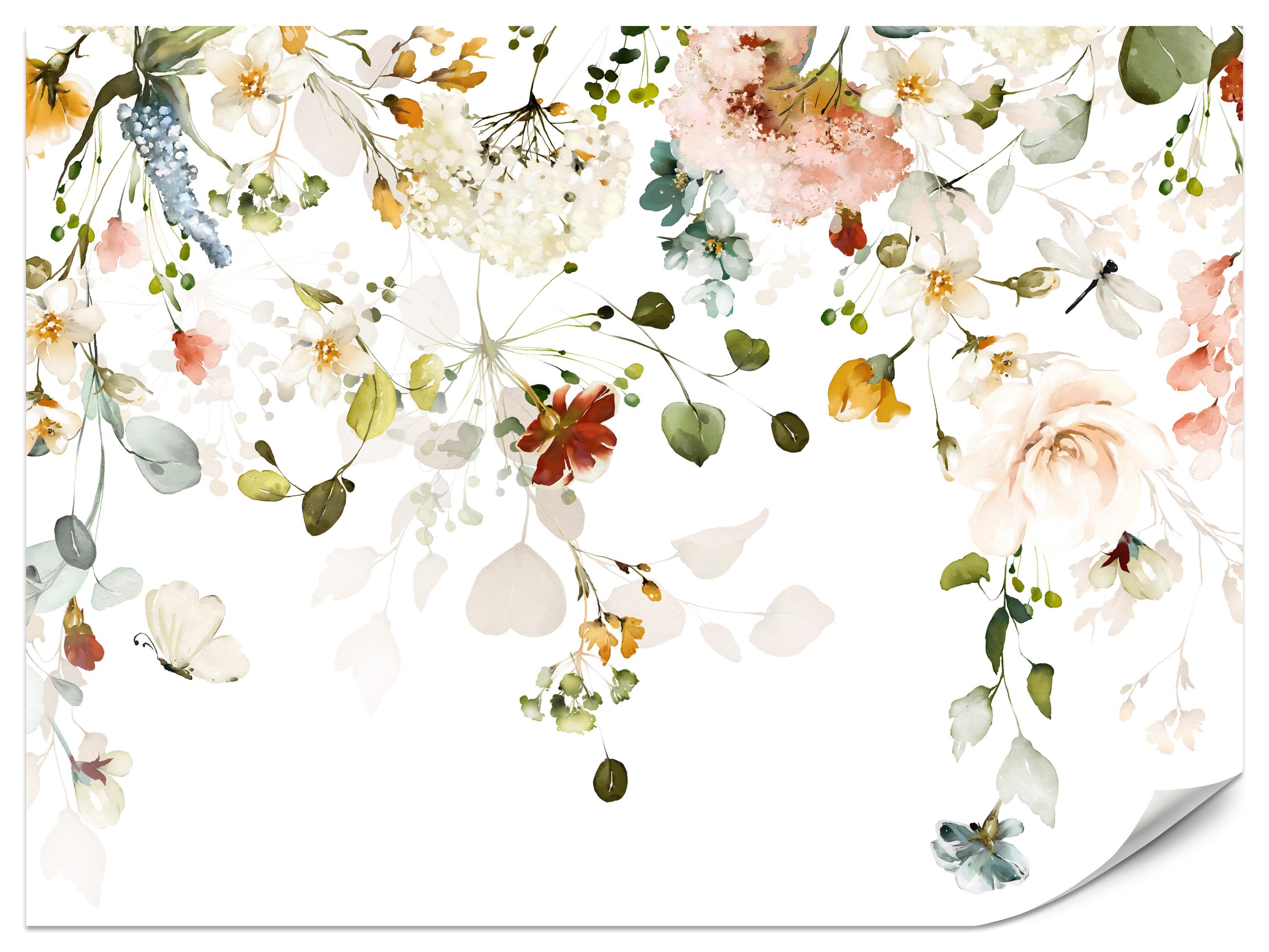 FOTOTAPETE für Schlafzimmer Bunte Zarte Blumen Blätter Pastell 400x280 - Ecru/Beige, Papier (400/280cm) - Muralo