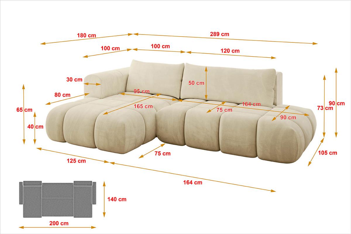 ECKSOFA Ottomane Links CLOUD-L 280x185x90 Beige Velours - Beige, Holzwerkstoff/Kunststoff (180/289cm) - ALTDECOR