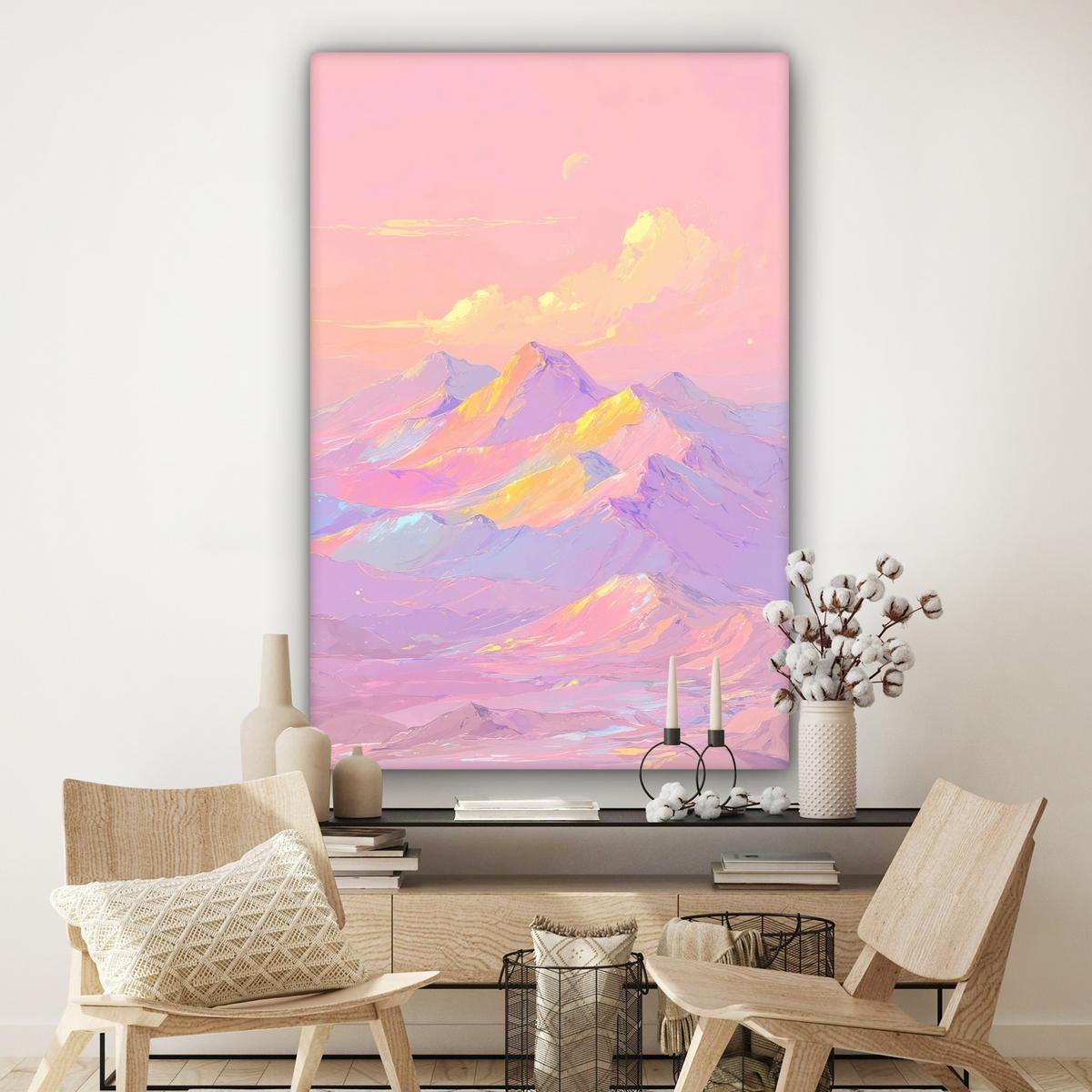 LEINWANDBILD Berggipfel - Wolken - Verträumt Deko Groß 90x140 cm - Hellrosa, Textil (90/140cm) - MuchoWow