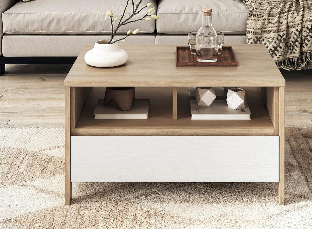 COUCHTISCH weiß und Eiche, Beistelltisch skandinavisch, 80 x 60 cm, Soft-Close, Finnes - Eichefarben/Weiß, Holzwerkstoff (60/80/46cm) - Furn.Design