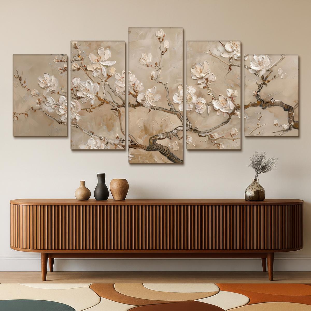LEINWANDBILD 5er Set Beige - Blüte - Modern 200x100 cm - Beige, Textil (200/100cm) - MuchoWow