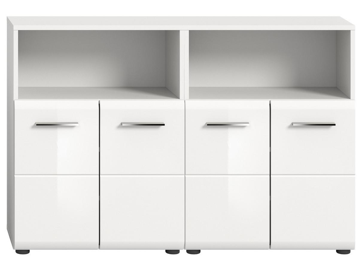 BADKOMMODE weiß Hochglanz 4-türig 120 x 106 cm, Set 2x Badezimmer Kommode - Weiß Hochglanz/Silberfarben, Holzwerkstoff/Kunststoff (120/80/30cm) - Inn.Furn