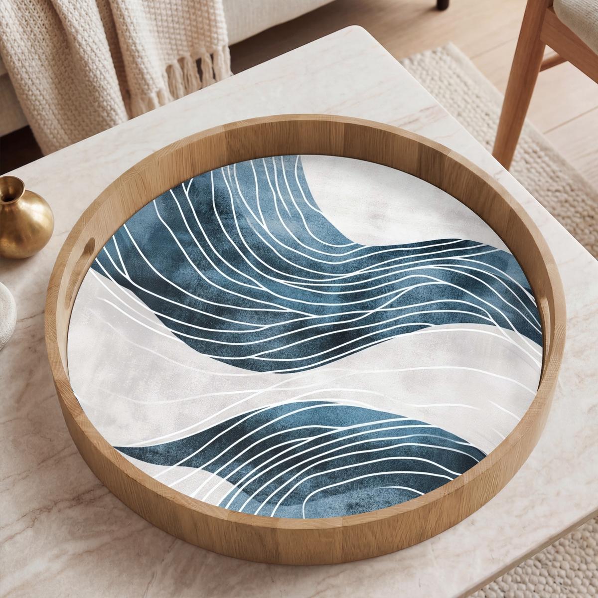 TABLETT Linien - Wellen - Abstrakt - Grau 50x50 cm - Blau, Holz (50/5/5cm) - OnlyWow