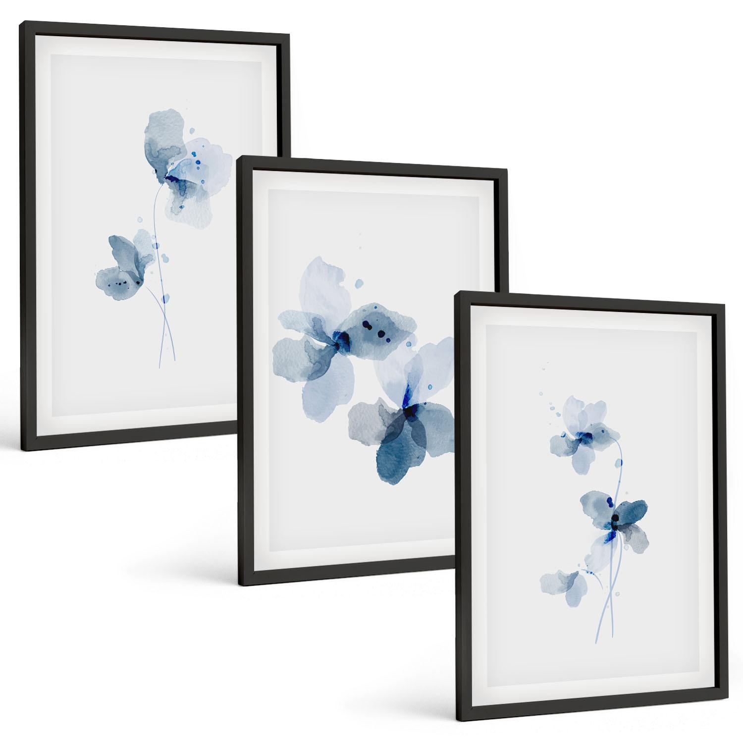 BILDER SET 3er Set - 40x60 cm Schwarzer Rahmen - Blaue Blumen - Schwarz, Kunststoff (40/60cm) - TULUP