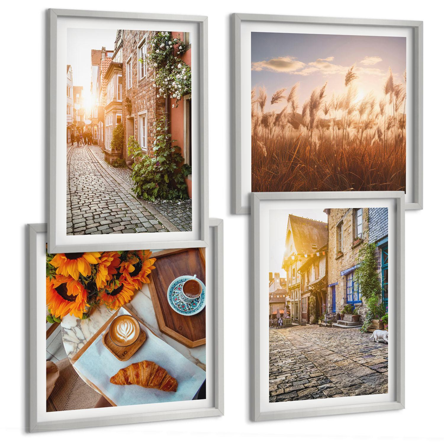 BILDER SET 4er Set - 50x50 cm & 40x60 cm Silberner Rahmen - Charmante Straßen mit Kaffee - Silberfarben, Kunststoff (50/50cm) - TULUP