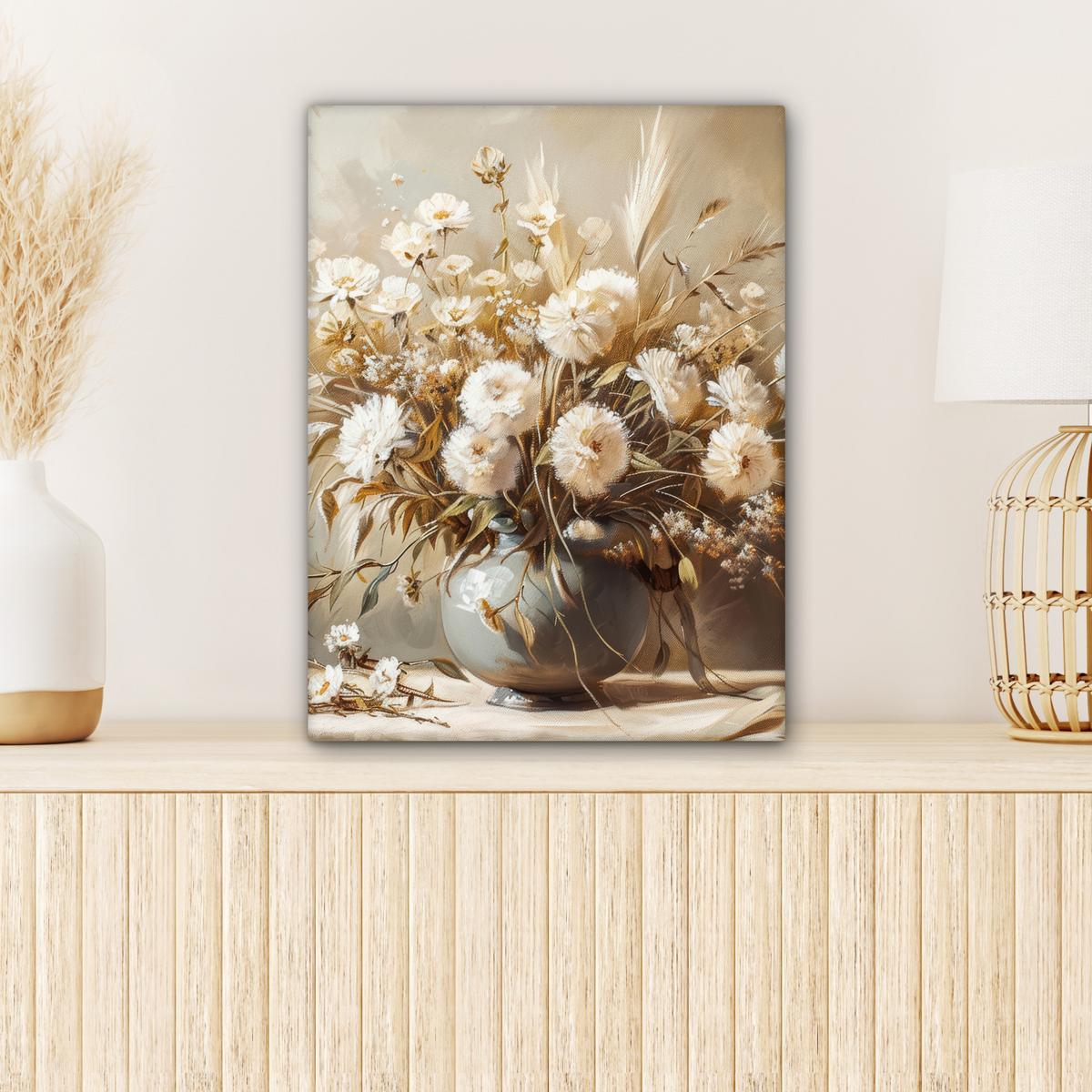 LEINWANDBILD Blumen - Vase - Stilleben - Beige Room Decor 30x40 cm - Creme, Textil (30/40cm) - MuchoWow