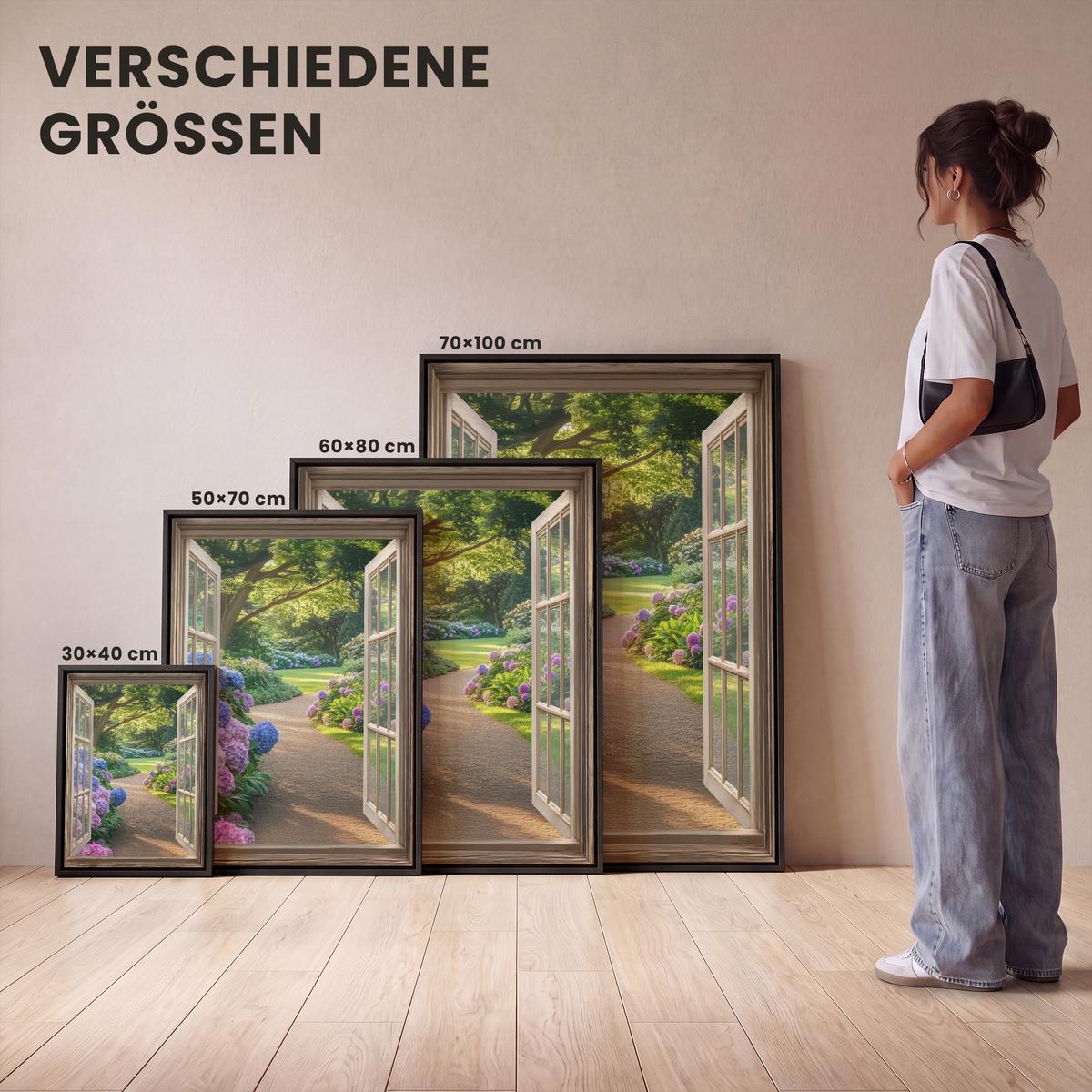 LEINWAND Bilder mit Rahmen - Aussicht - Garten - Fenster - Hortensie - Blumen - 60x80 - Pastellblau, Textil (60/80cm) - MuchoWow