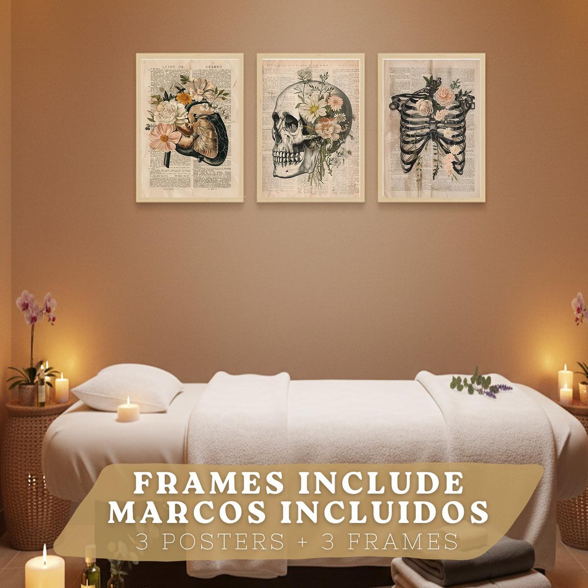 POSTER Set aus 3 Anatomie Mensch Drucke und Wandbilder mit Leber Rippen und Schädel Retro Floraler Stil Wanddekoration Größe Leichter Holzrahmen A4 - Beige, Papier (21/29.7/3cm) - Nacnic