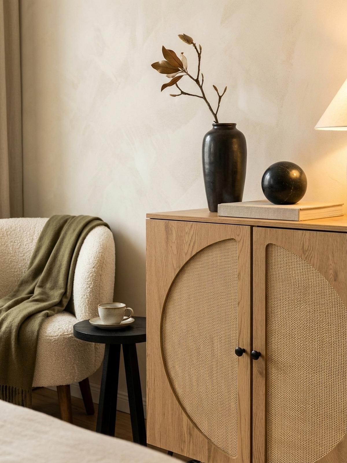 SIDEBOARD – Eiche-Dekor/Rattan, 80x103x39 cm, 2 Türen, hoch - Schwarz/Braun, Holzwerkstoff/Metall (80/103/39cm) - KADIMA DESIGN