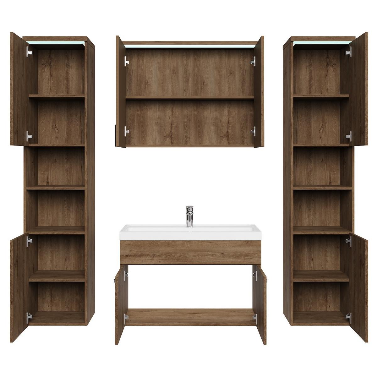 BADMÖBEL-SET Paso LED 5 Teile Braun Eiche - 80 x 35 x 55 cm - Eichefarben/Braun, Holz (80/55/40cm) - Badplaats