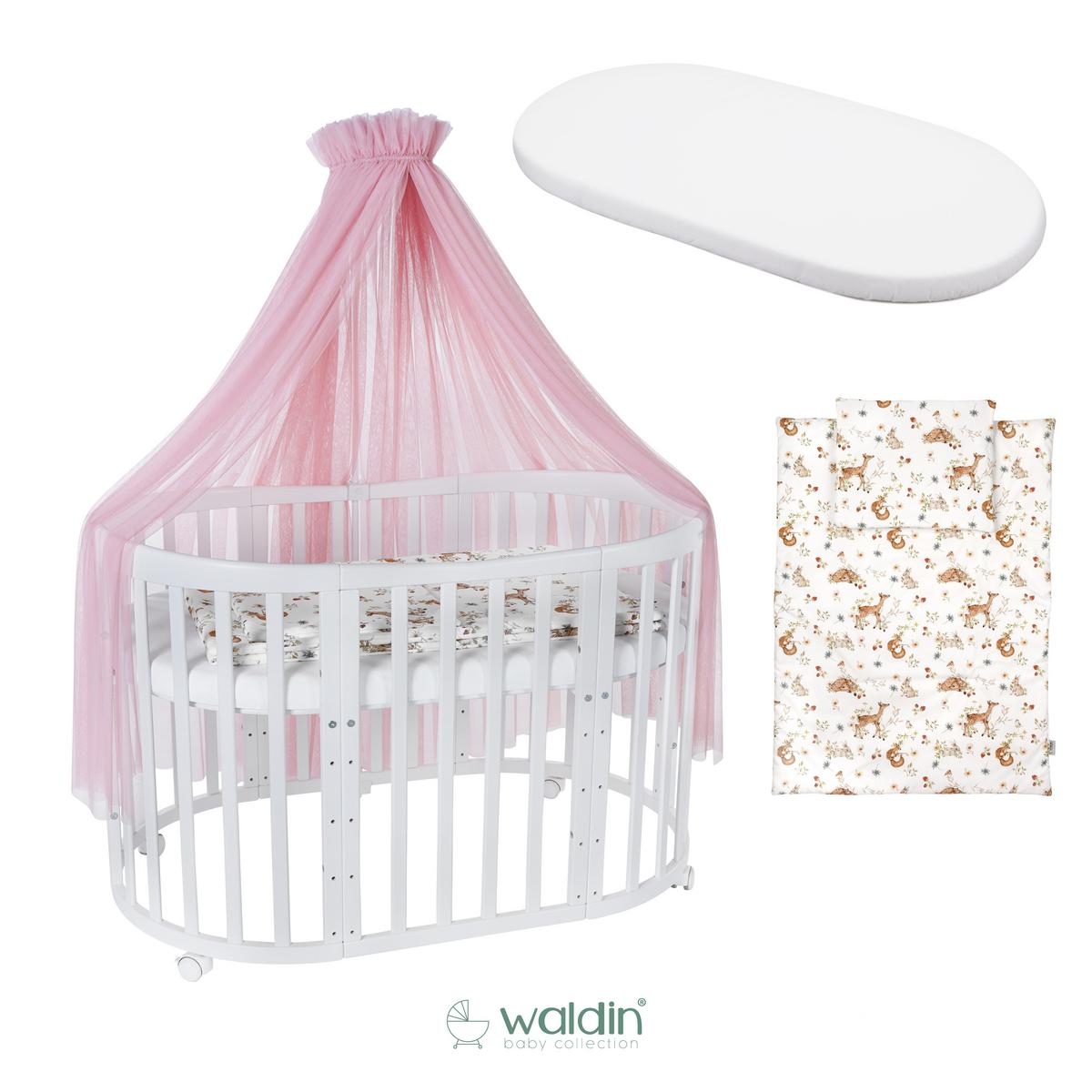 BABYBETT WHITE OVAL 7in1 mit Matratze und Himmelset - Weiß/Rosa, Holz/Textil (73/125cm) - waldin