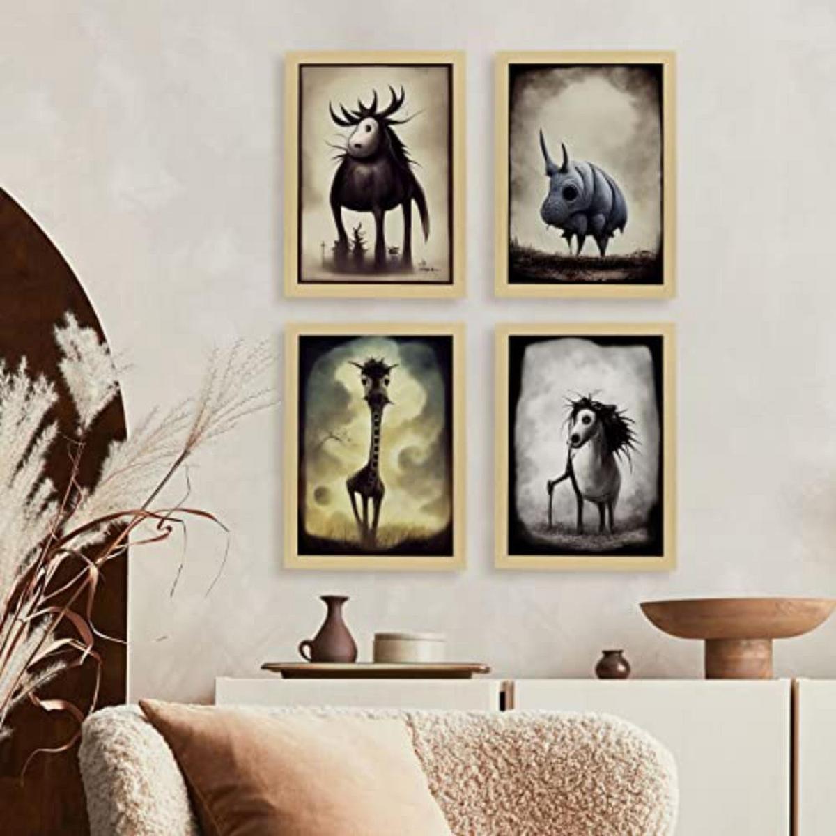 POSTER Set mit 4 Vierbeiner Tier im T Burton Goth Stil A4 Weißer Rahmen - Weiß, Papier (29.7/3cm) - Nacnic