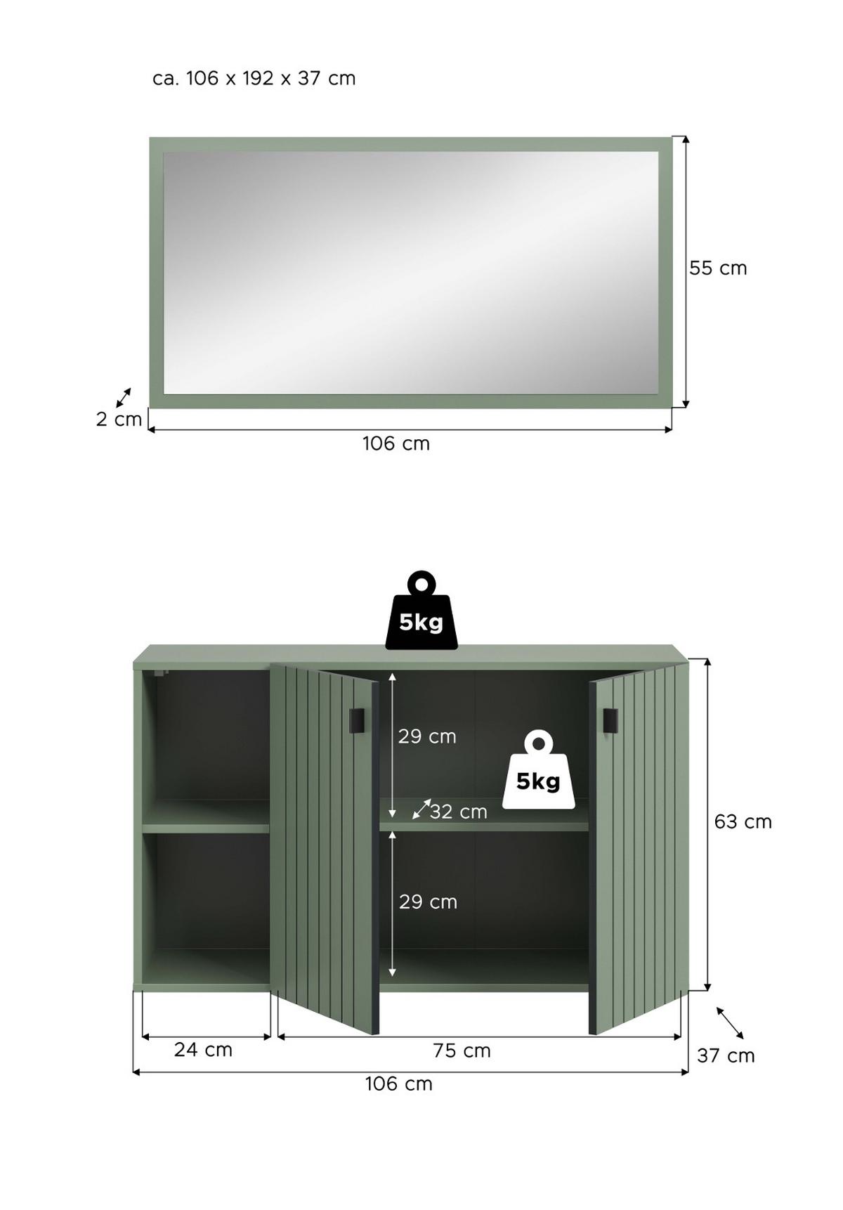 GARDEROBE-SET grün 2-teilig 106 cm, Garderobenkombination hängend - Schwarz/Grün, Glas/Holzwerkstoff (106/192/37cm) - Inn.Furn
