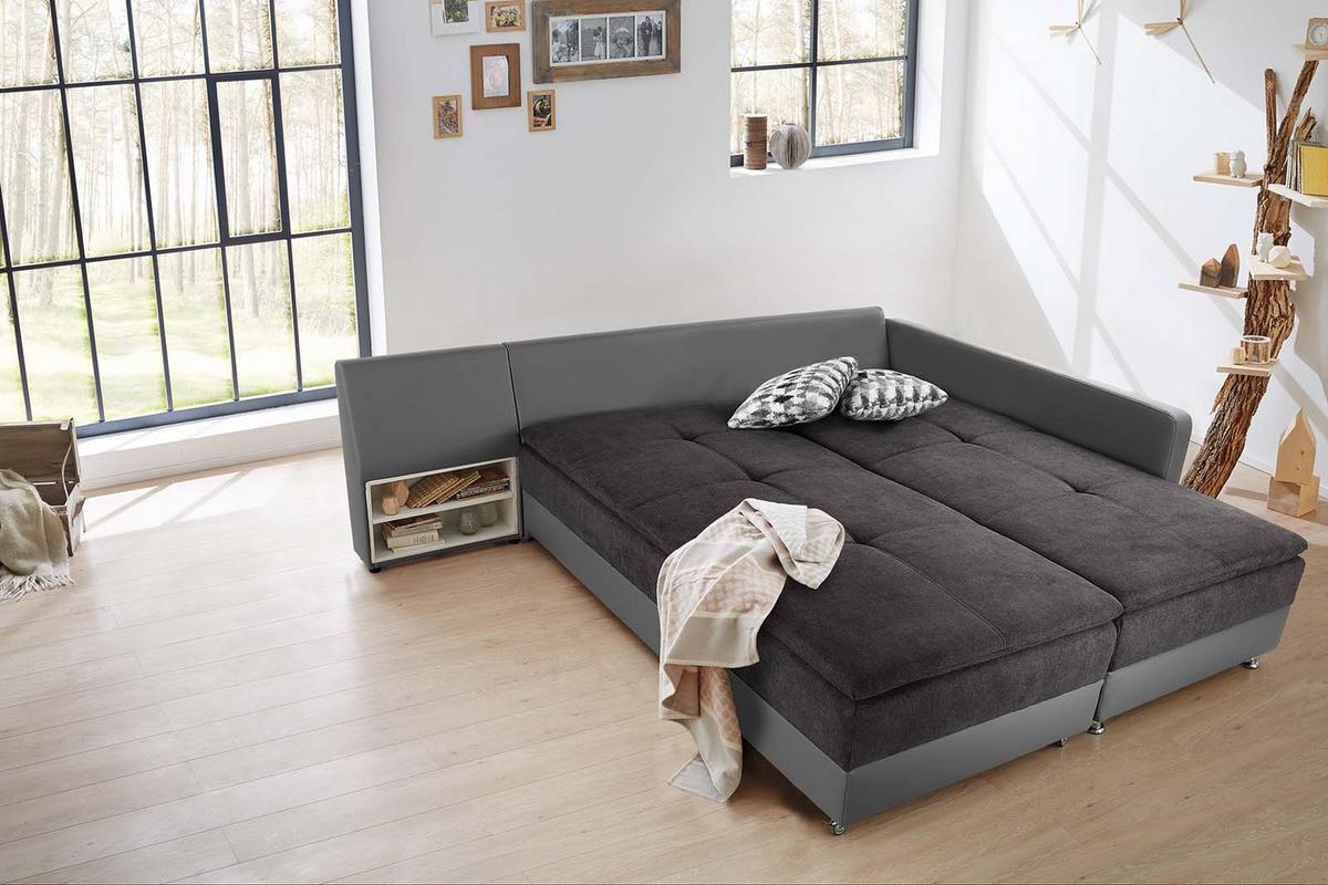 ECKSOFA-DAUERSCHLÄFER Doppelbett Boxspring Federkern Topper, Schwenkteil links B306/T223/H95 cm, Kunstleder Grau+Mikrofaser Anthrazit / 15105 - Chromfarben/Anthrazit, Kunststoff/Textil (306/223cm) - luma-home