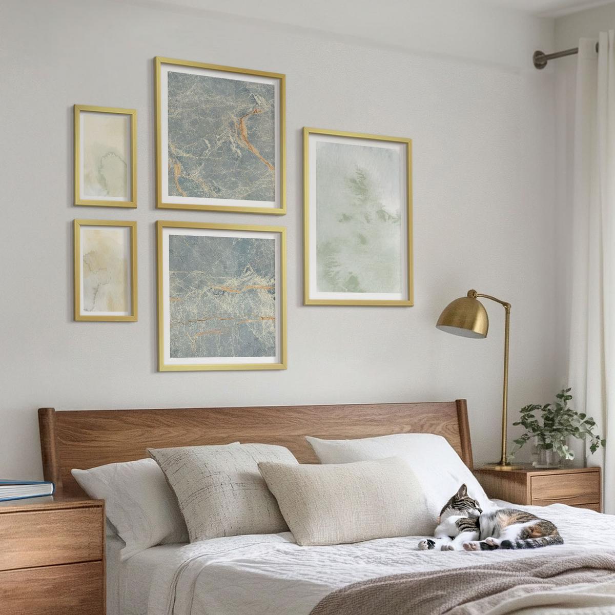 BILDER SET 5er Set - 50x50 cm & 20x30 cm & 40x60 cm Goldrahmen - Pastellfarben auf Aquarellleinwand - Goldfarben, Kunststoff (40/60cm) - TULUP
