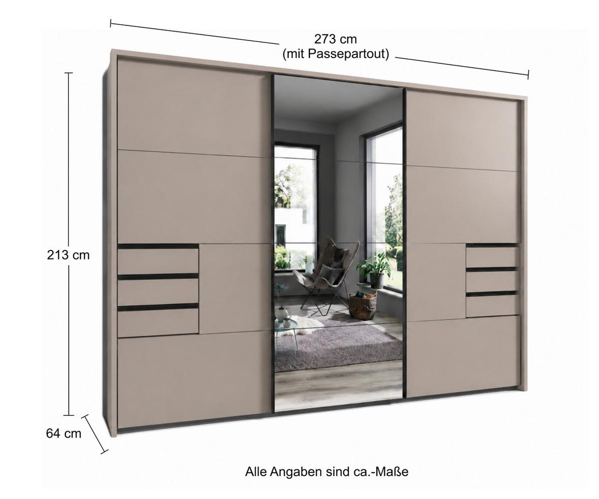 SCHWEBETÜRENSCHRANK 3-türig B273/H213/T64 cm, Sandgrau/Spiegel, Passepartout-Kleiderschrank mit Schubladen & Vollausstattung / 22621 - Sandfarben/Ecru, Holzwerkstoff/Metall (273/213/64cm) - luma-home