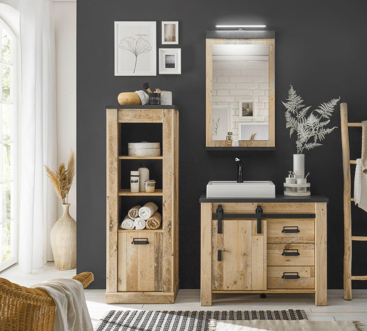 BADMÖBEL-SET 4-teilig, Used Wood hell, anthrazit, Badkombination mit Waschbecken LED Spiegellampe - Eichefarben/Anthrazit, Holzwerkstoff/Metall (95/210/43cm) - Furn.Design
