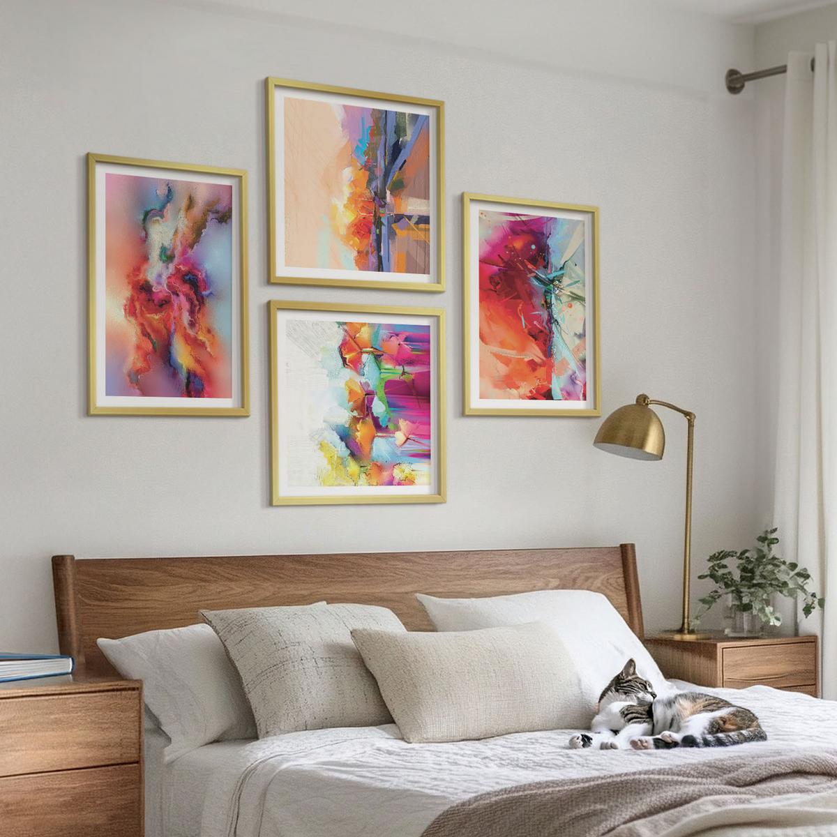 BILDER SET 4er Set - 50x50 cm & 40x60 cm Goldrahmen - Farbenfrohe Abstraktionen der Form - Goldfarben, Kunststoff (50/50cm) - TULUP