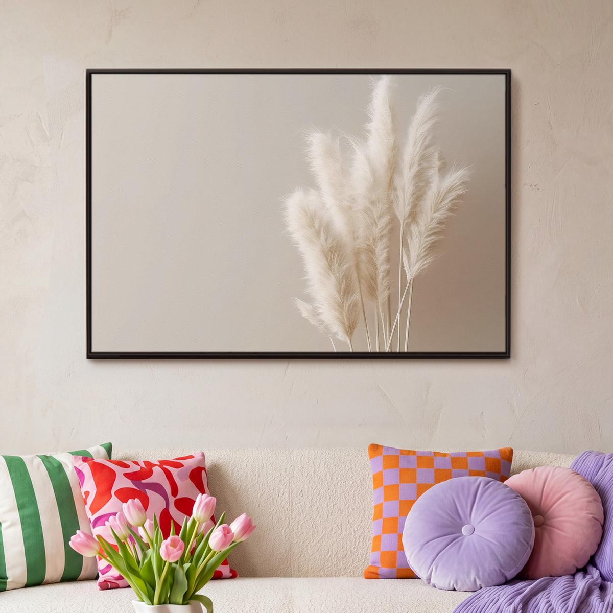 LEINWAND Bilder mit Rahmen - Pampasgras - Federn - Pastell - Weiß - 90x60 - Naturfarben, Textil (90/60cm) - MuchoWow