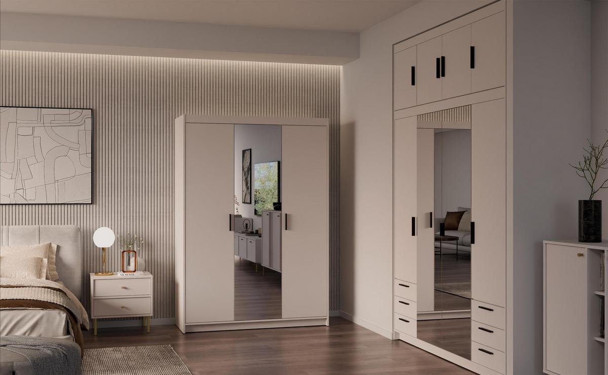 KLEIDERSCHRANK Storicos Beige 133/190,5/53 cm - Modern mit Spiegel 3-türig - Beige, Holzwerkstoff/Kunststoff (133/190.6/53cm) - AX Living