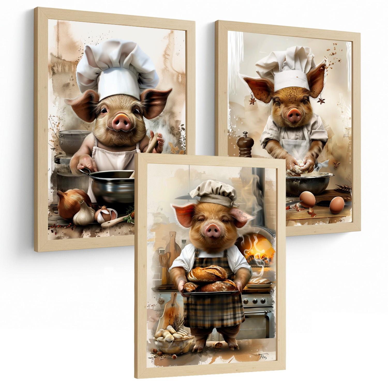 POSTER 3er Set Schwein Bäcker Wandbilder Lustiges Tier Koch Brot Backen Illustration Küche Wanddeko Leichter Holzrahmen A3 - Beige, Papier (29.7/1/42cm) - Nacnic