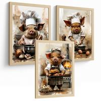 POSTER 3er Set Schwein Bäcker Wandbilder Lustiges Tier Koch Brot Backen Illustration Küche Wanddeko Leichter Holzrahmen A3 - Beige, Papier (29.7/1/42cm) - Nacnic