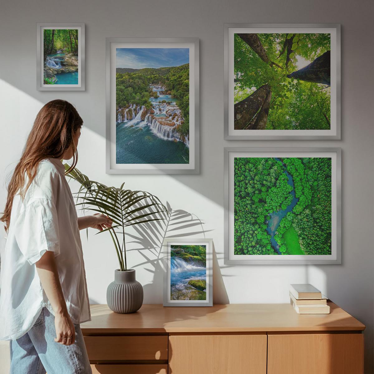 BILDER SET 5er Set - 50x50 cm & 20x30 cm & 40x60 cm Silberner Rahmen - Strandwellen, Himmelsbrücke, Spaziergang - Silberfarben, Kunststoff (40/60cm) - TULUP