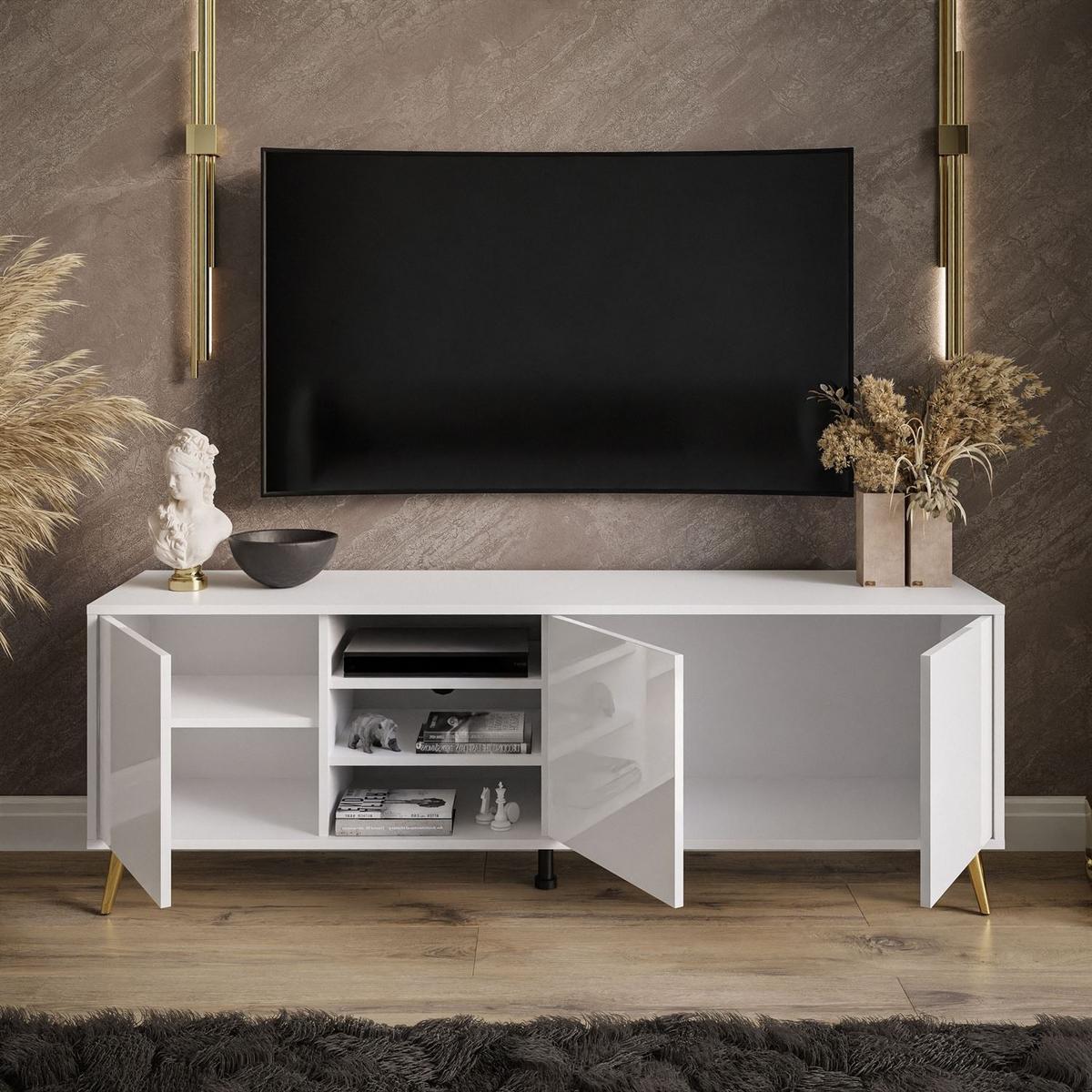 TV-ELEMENT SANAYI auf goldenen Beinen Hochglanz Weiß - Weiß Hochglanz/Goldfarben, Holzwerkstoff (156/54/38cm) - Lookway