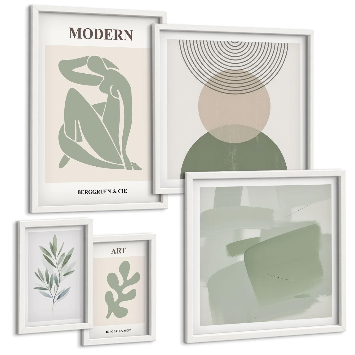 BILDER SET 5er Set - 50x50 cm & 20x30 cm & 40x60 cm Weißer Rahmen - Stilvolle abstrakte Pflanzengrafiken - Weiß, Kunststoff (40/60cm) - TULUP