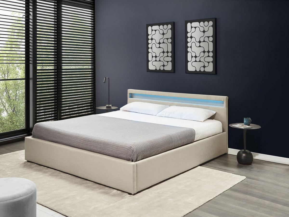 BETT mit Stauraum und LED-Beleuchtung 180/200 cm Stoff Beige Armelle - Beige, Textil (180/200cm) - Beliani