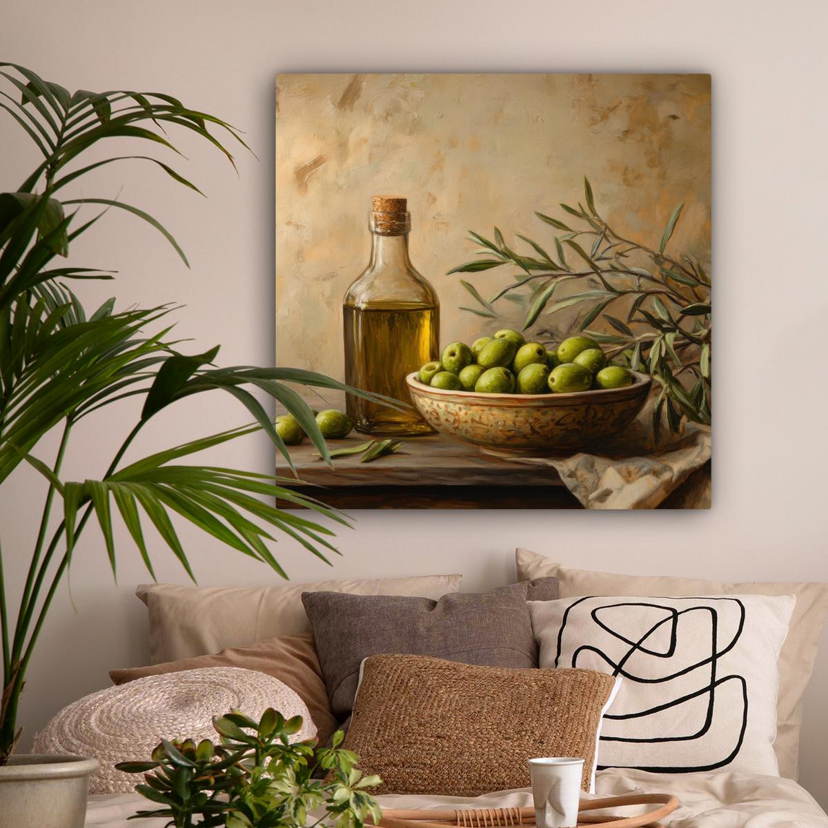LEINWANDBILD Oliven - Stilleben - Vintage Deko Groß 90x90 cm - Olivgrün, Textil (90/90cm) - MuchoWow