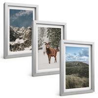 BILDER SET 3er Set - 20x30 cm Silberner Rahmen - Berge, Schnee, Hirsche, Waldlandschaft - Silberfarben, Kunststoff (20/30cm) - TULUP