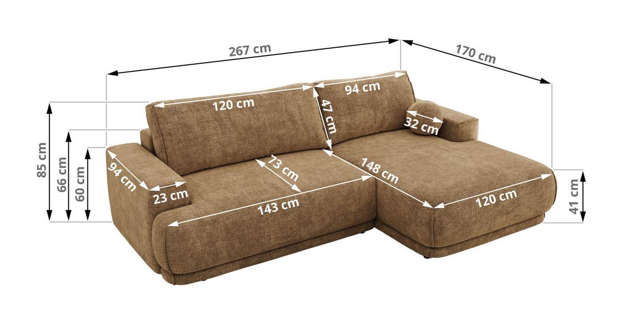 ECKSCHLAFSOFA RINA L Hellbraun Schenille grob gewebt - rechts - Hellbraun/Schwarz, Kunststoff/Textil (170/267cm) - MKS