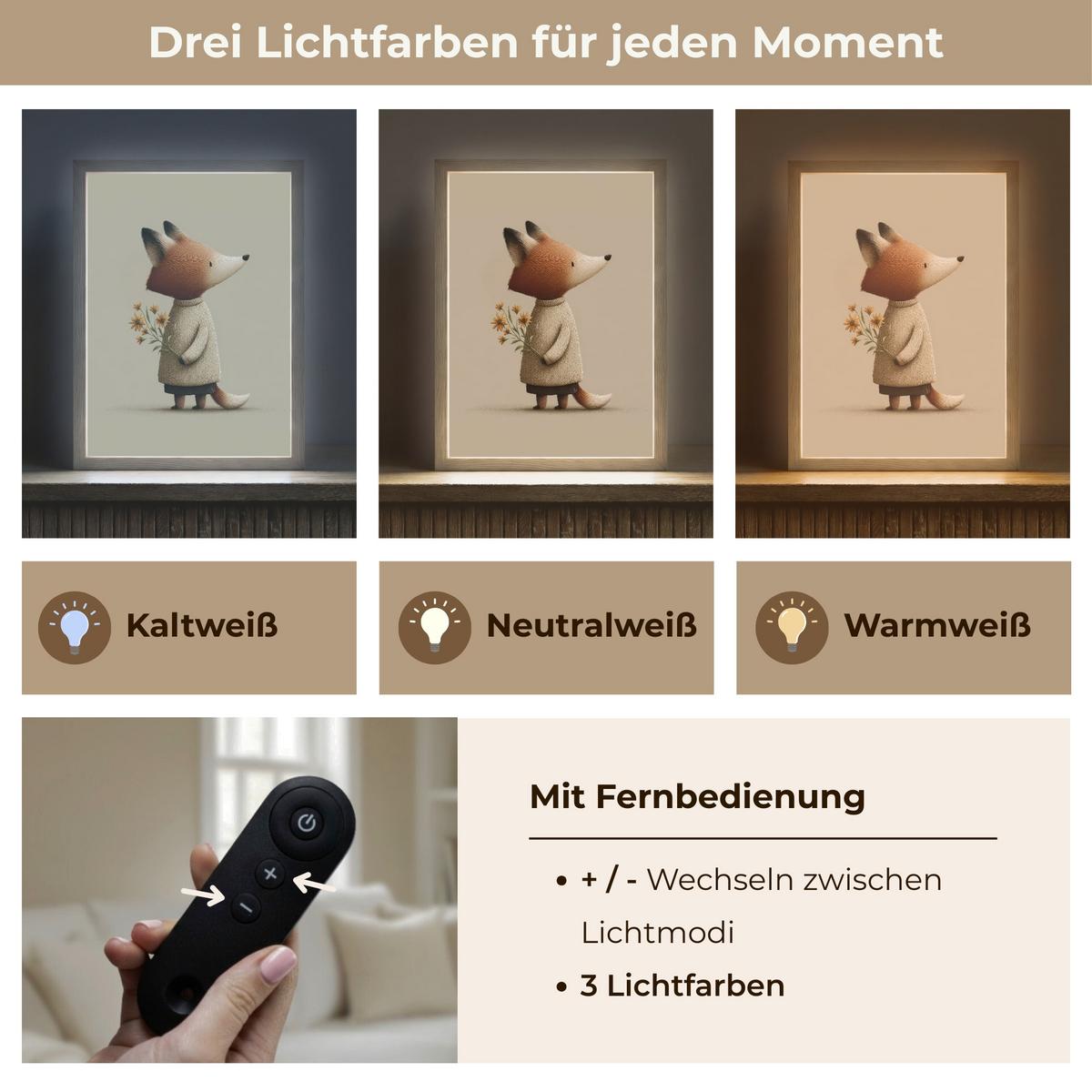 WANDLEUCHTE MIT AKKU Fuchs - Gelbe Blumen - Minimalistisch 30x40 cm - Taupe, Holzwerkstoff (30/40/8cm) - OnlyWow