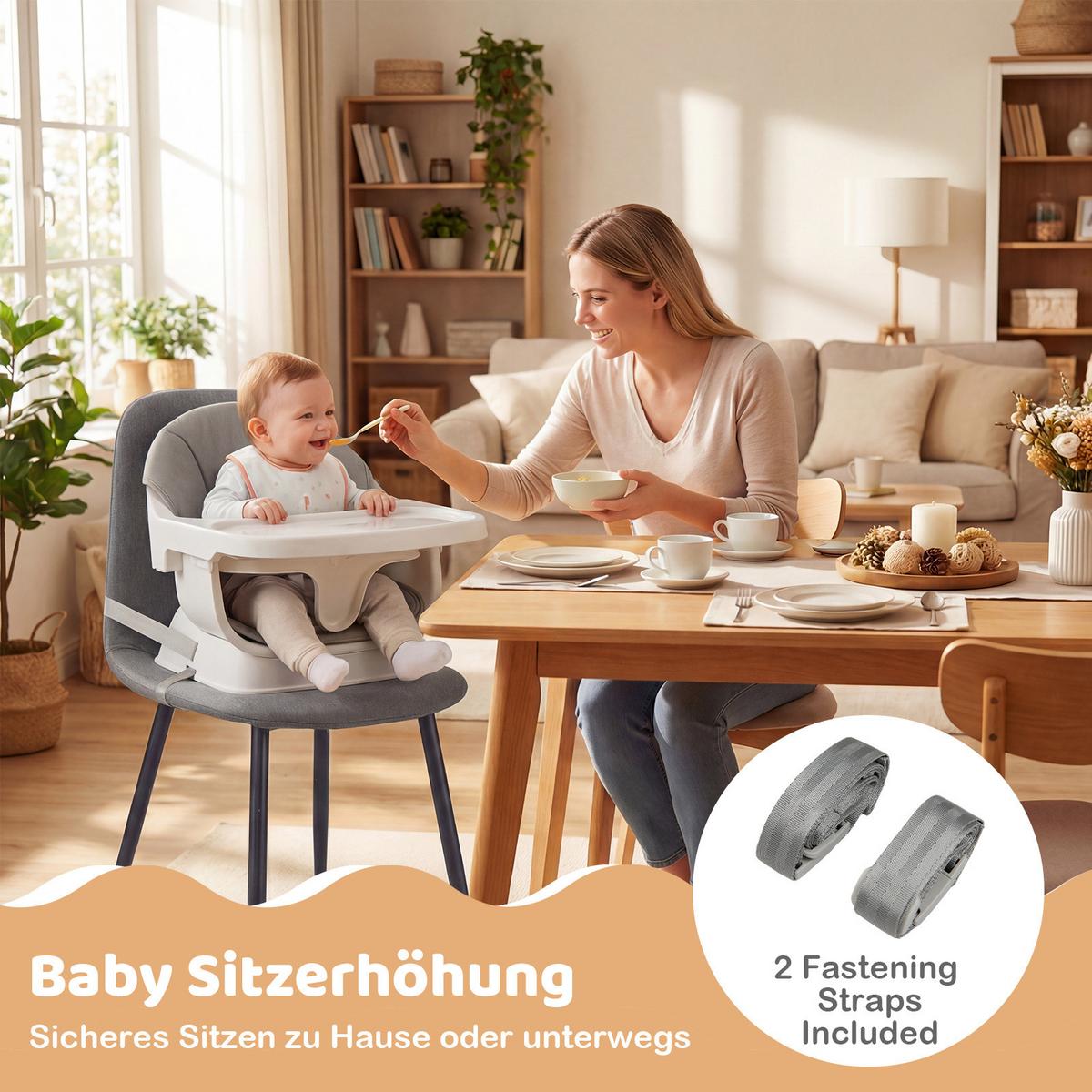 KINDERHOCHSTUHL mit Sitzerhöhung grau - Grau, Kunststoff (64/95/64cm) - COSTWAY