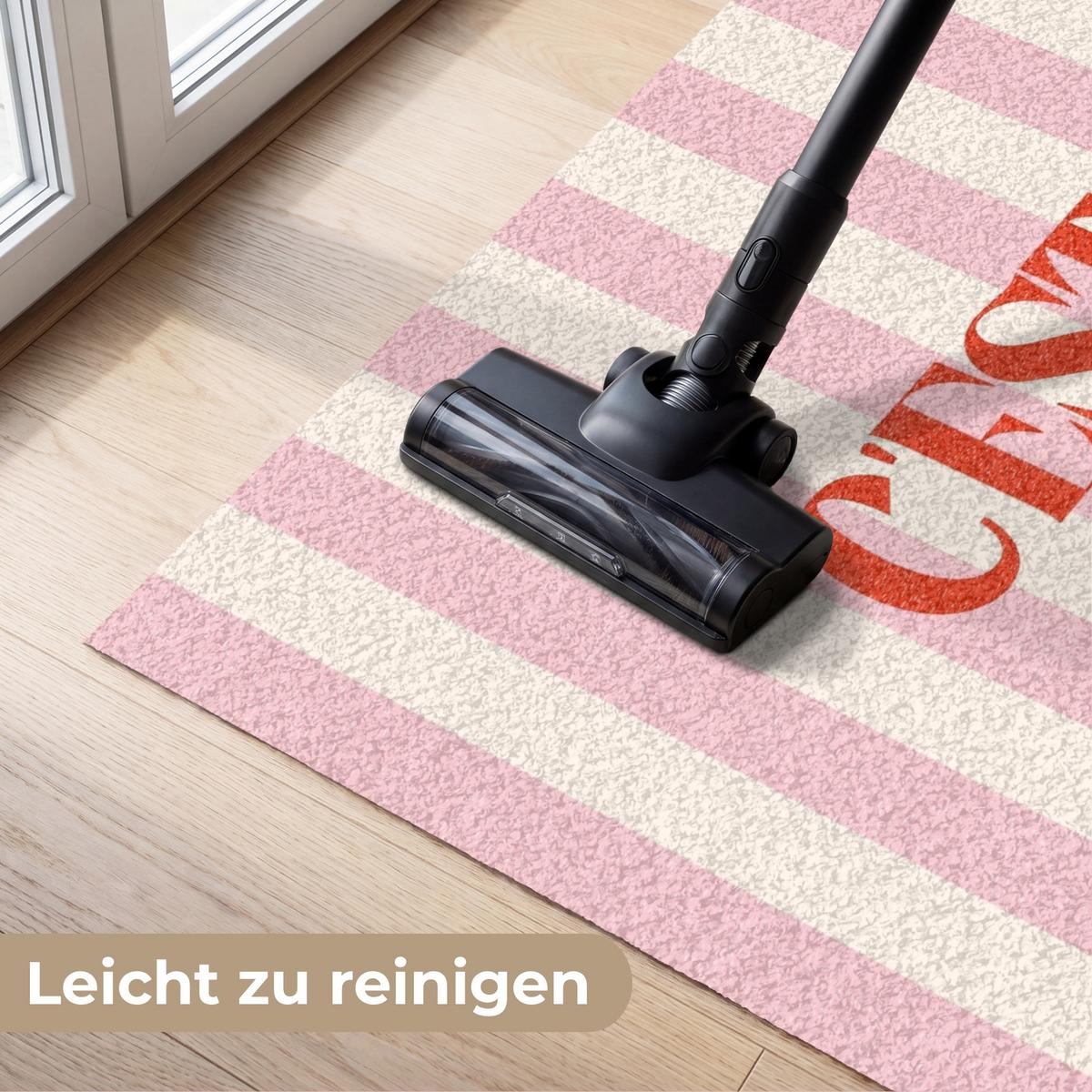 FUSSMATTE Zartrosa – Rot – Streifen – C'est La Vie 150x90 cm - Rosa, Kunststoff (150/0.4cm) - MuchoWow