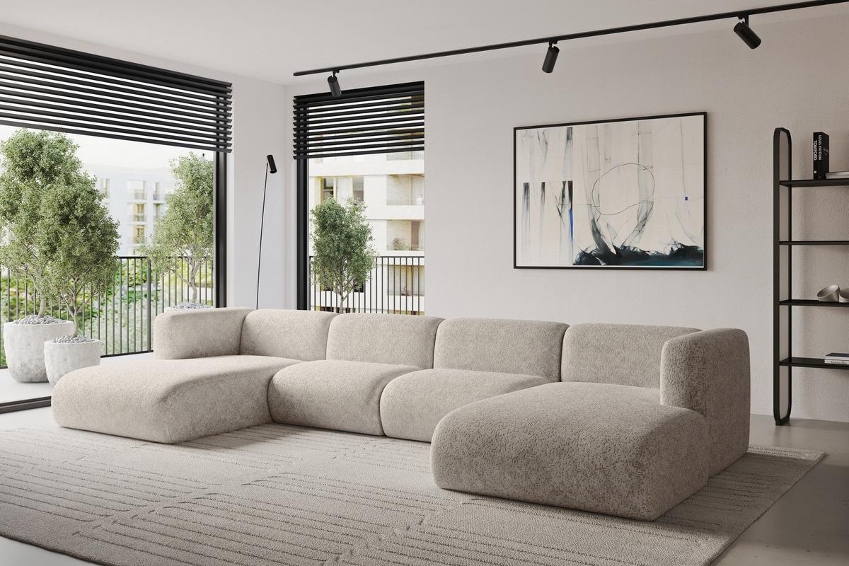 WOHNLANDSCHAFT MIRA-U2 408x179x70 Beige Velours - Beige/Schwarz, Holzwerkstoff/Kunststoff (408/70/179cm) - ALTDECOR