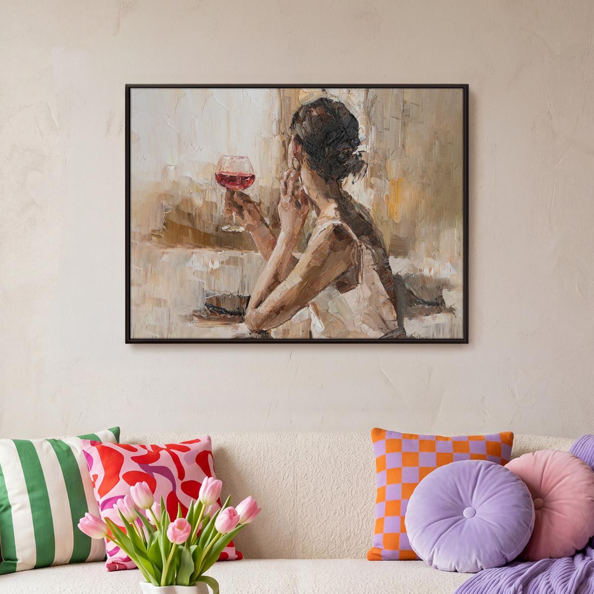 LEINWAND Bilder mit Rahmen - Ölgemälde - Frau - Wein - 70x50 - Hellbraun, Textil (70/50cm) - MuchoWow