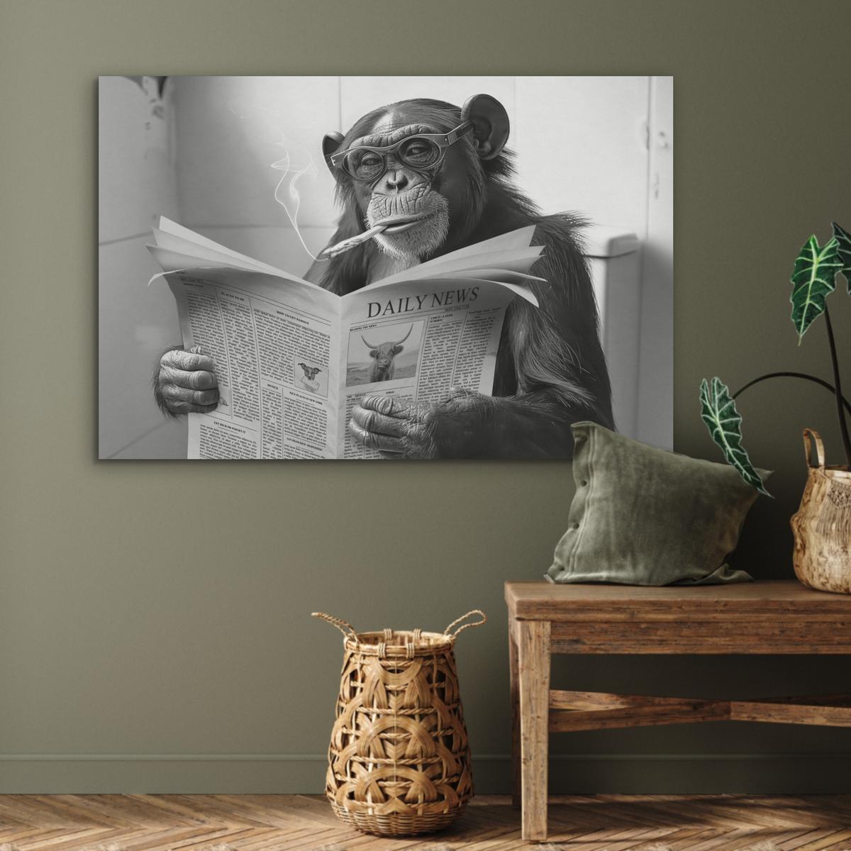 AKUSTIKBILD Affe - WC - Zeitung - Schwarz-Weiß - Humor Wandbild Wohnzimmer 100x70 cm - Hellgrau, Kunststoff (100/70/0.9cm) - MuchoWow