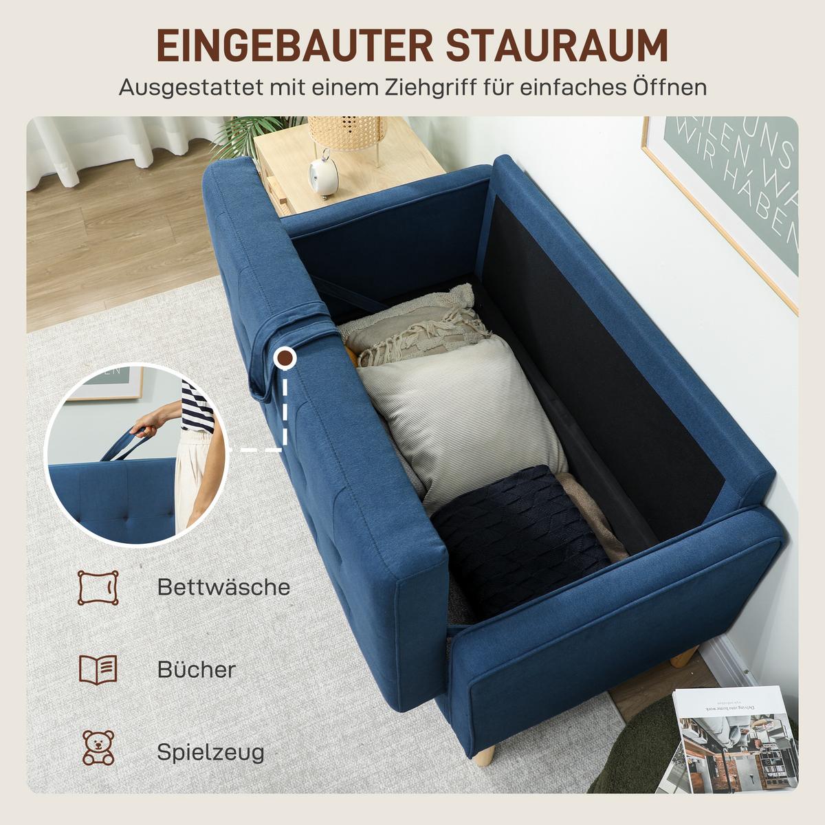 2 Sitzer Sofa, Couch mit Stauraum, Holzbeine, Gepolsterter Polstersofa, Blau - Blau/Eukalyptusholzfarben, Holz/Textil (62/78/117cm) - HOMCOM