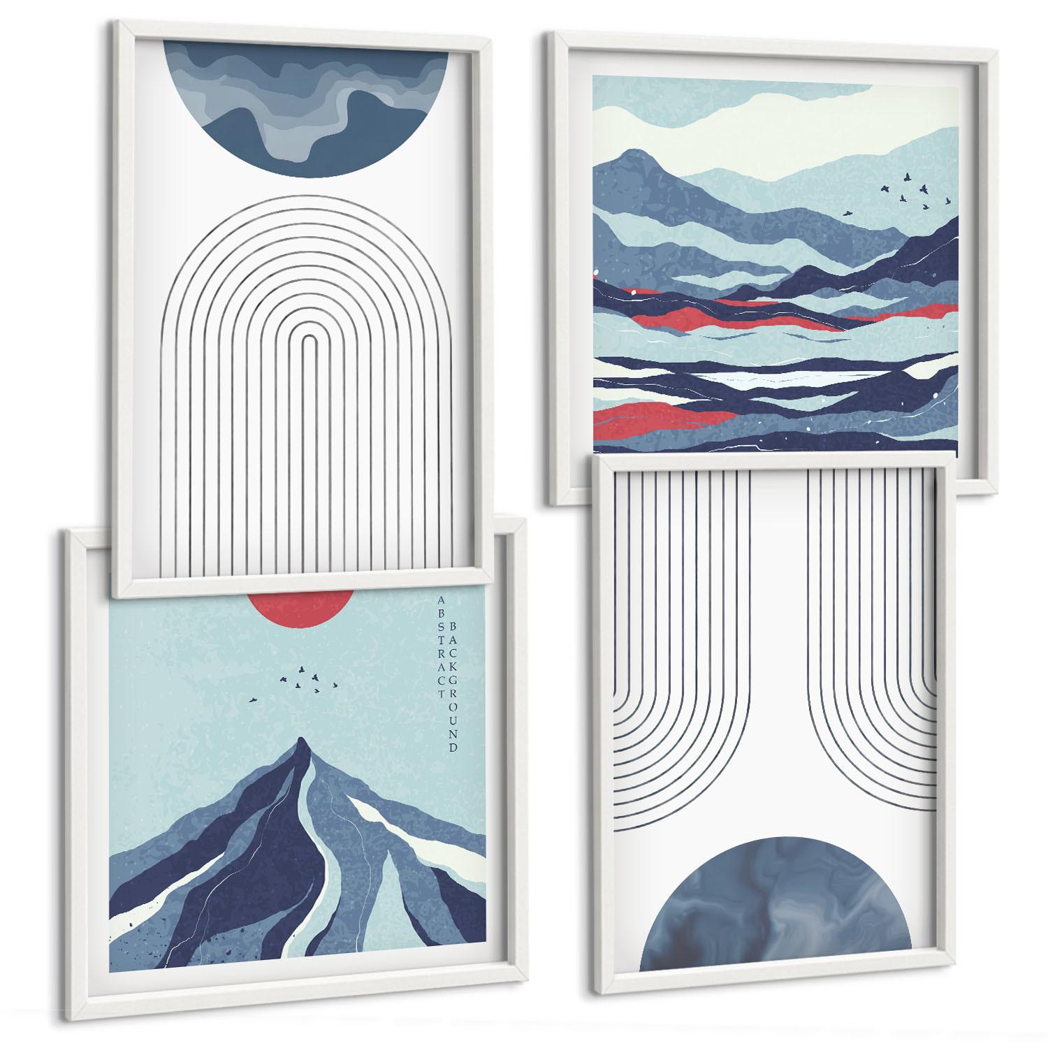 BILDER SET 4er Set - 50x50 cm & 40x60 cm Weißer Rahmen - Abstrakte Berglandschaften - Weiß, Kunststoff (50/50cm) - TULUP