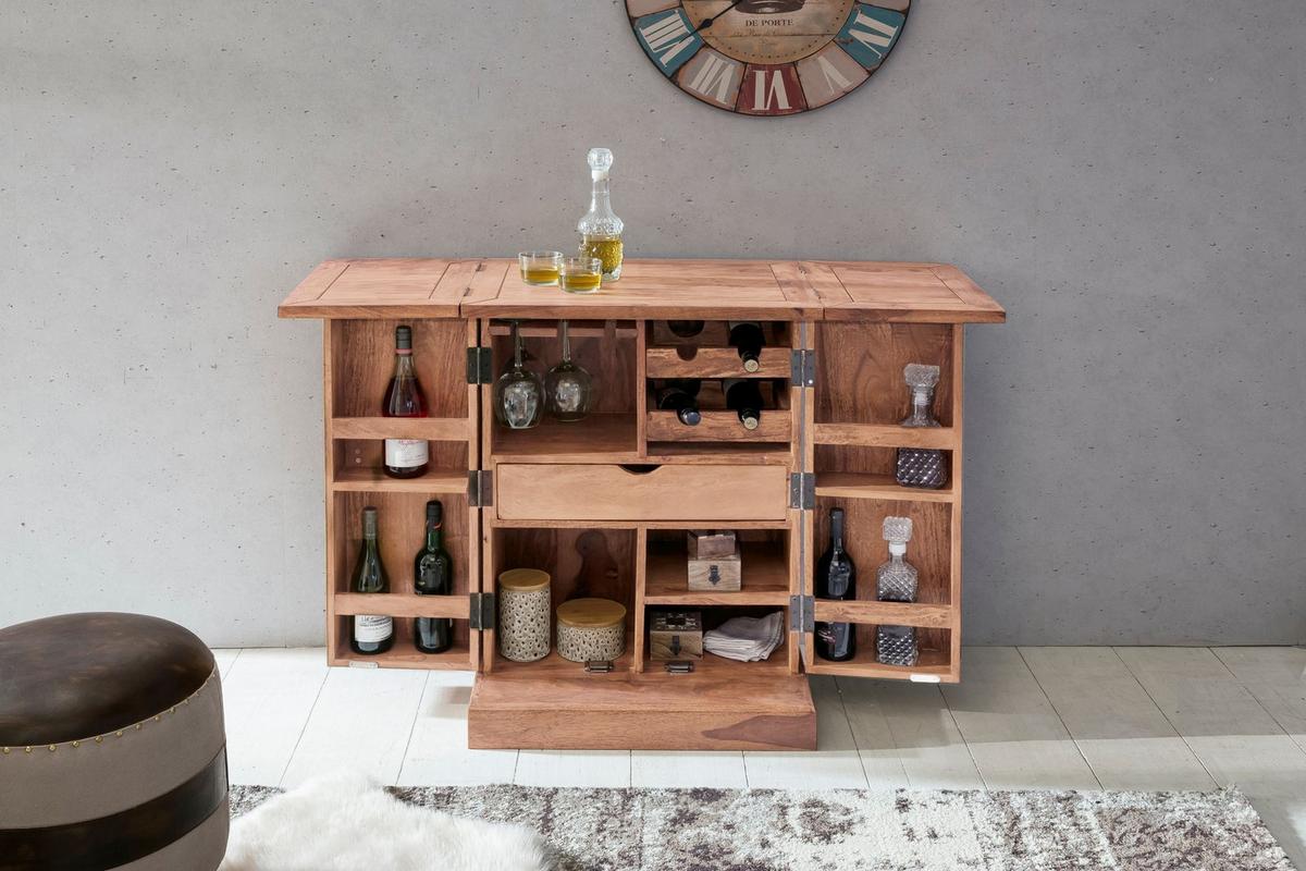 HAUSBAR aus Massivholz mit Klappfunktion und Stauraum für Flaschen und Gläser, Akazie 65x50x91 cm - Akaziefarben, Holz (65/91/50cm) - KADIMA DESIGN